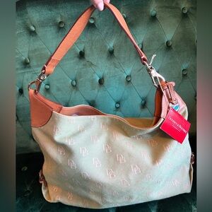Dooney & Bourke DB Monogram Hobo Bag Tan Leather Trim Canvas Shoulder Purse
